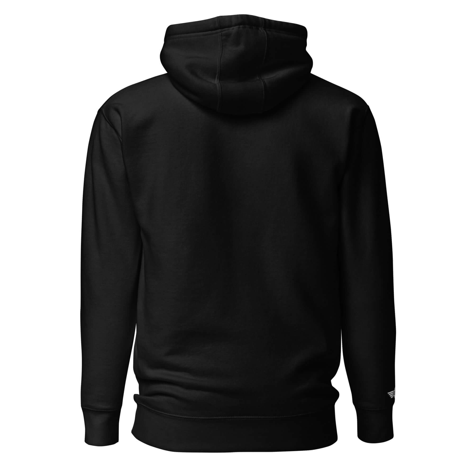 Back view of the Domin8 Daily Unisex Hoodie in black, featuring a cozy hood and sleek design.