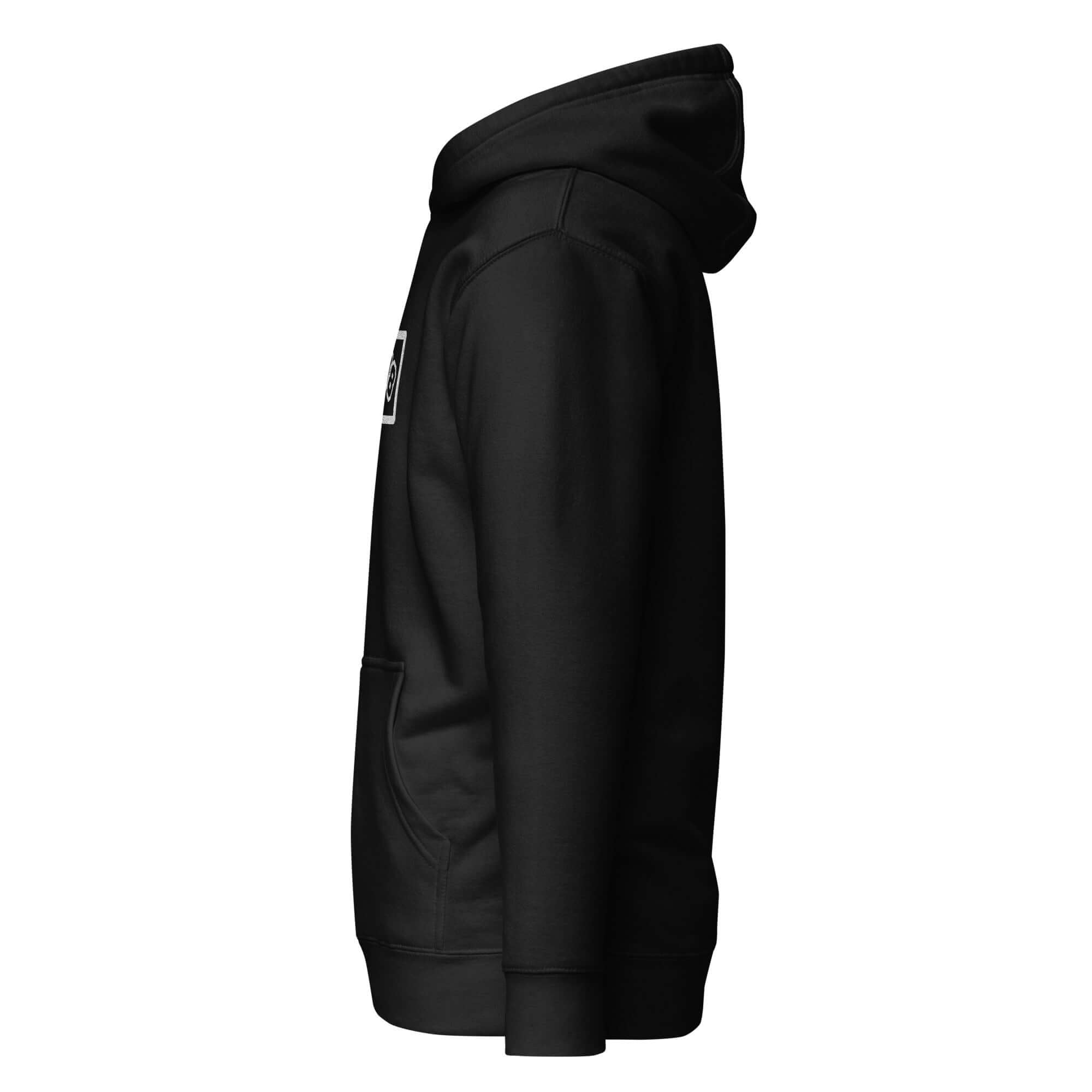 Side view of Domin8 Daily unisex hoodie showcasing the sleek design and front pouch pocket.