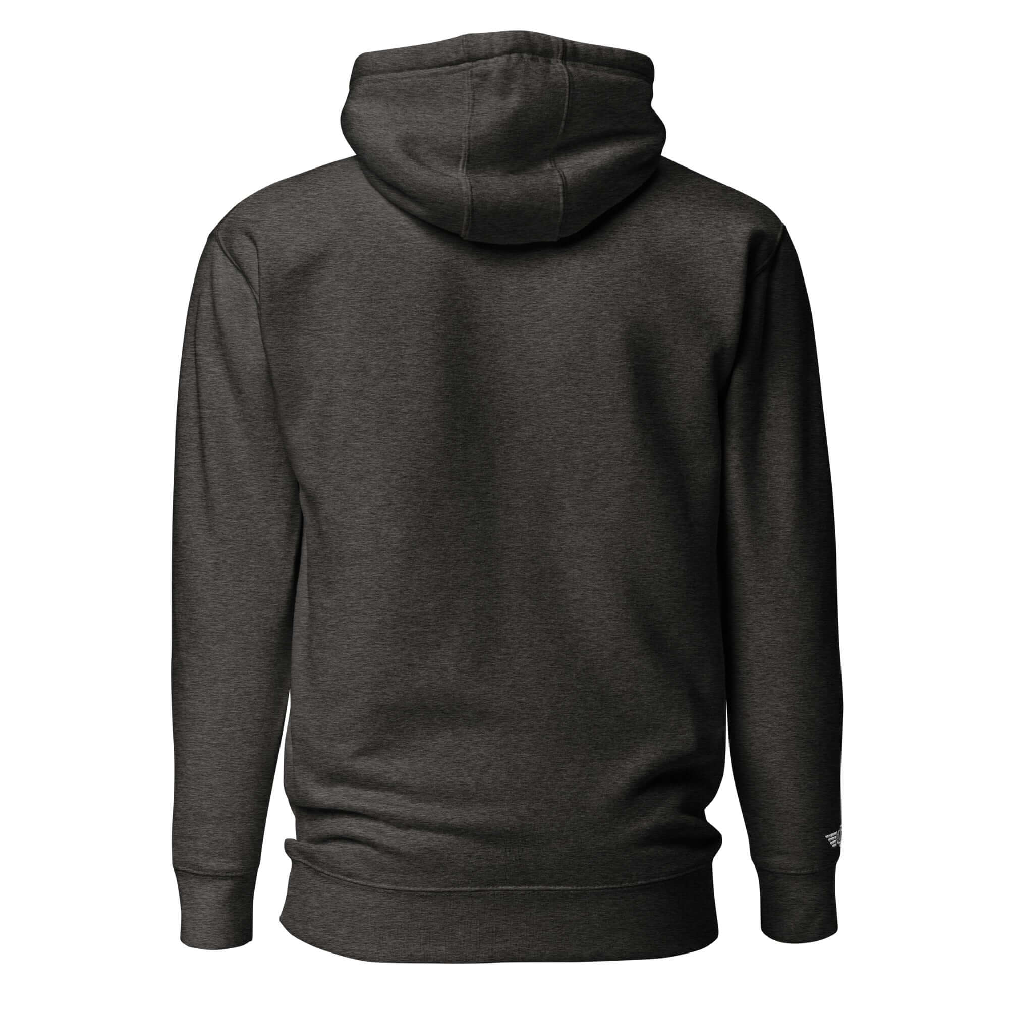 Back view of the Domin8 Daily unisex hoodie in dark color, showcasing the hood and self-fabric patch design.