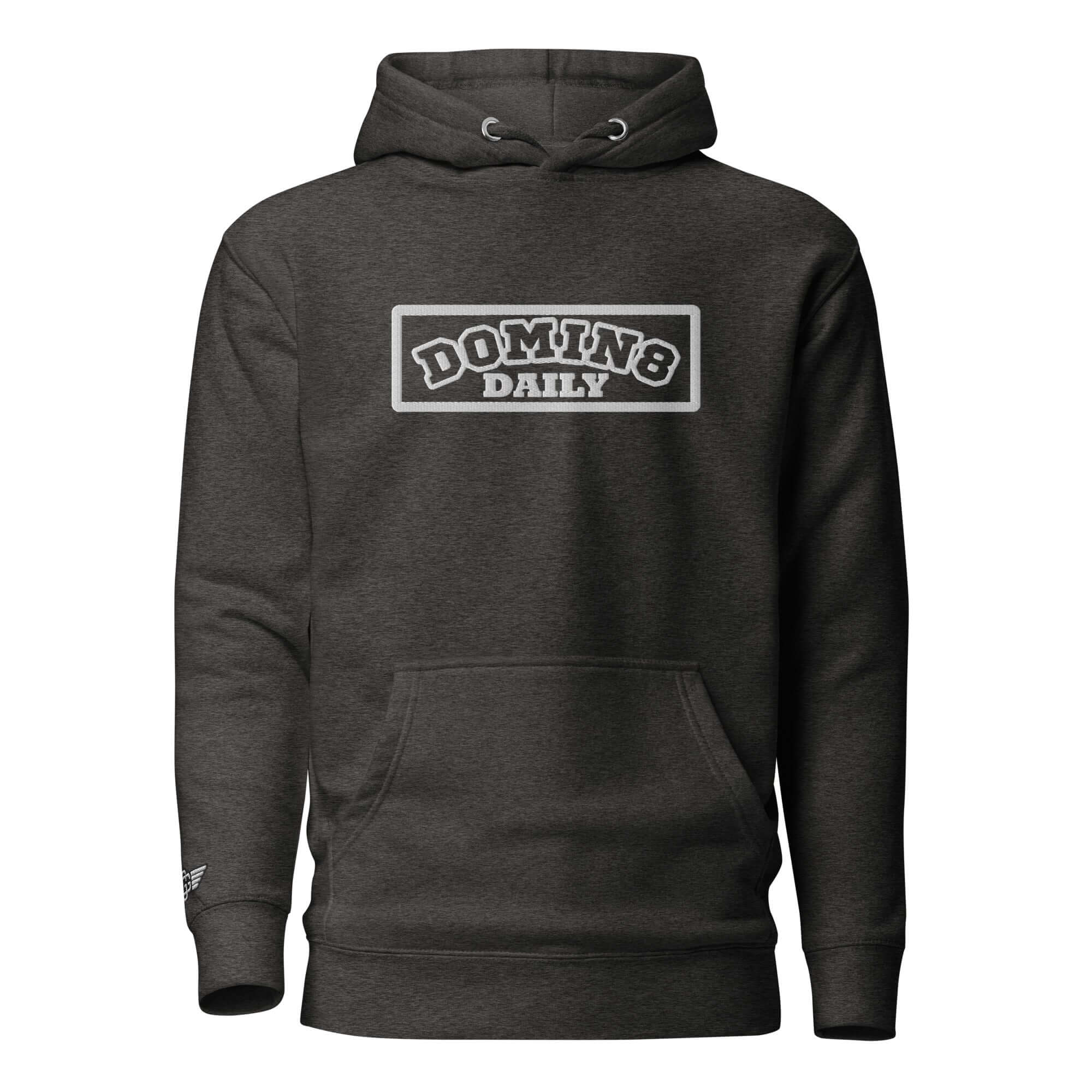 Domin8 Daily unisex pullover hoodie in dark gray with front pouch pocket and embroidered branding.