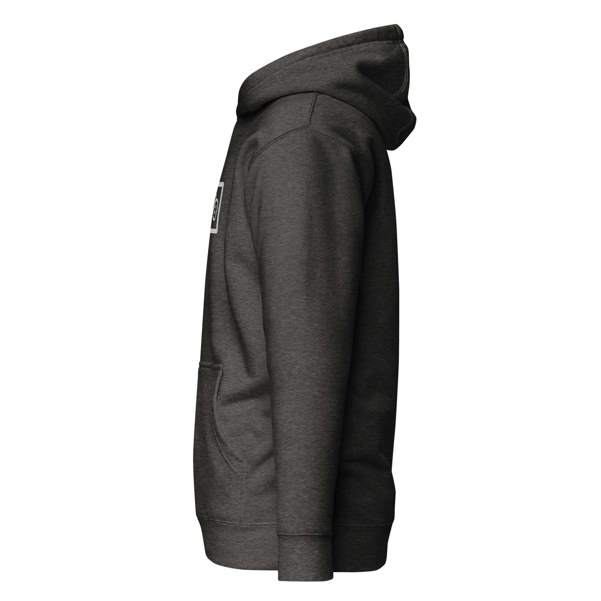 Domin8 Daily Unisex Hoodie side view showcasing its comfortable fit and stylish design in dark gray fabric.