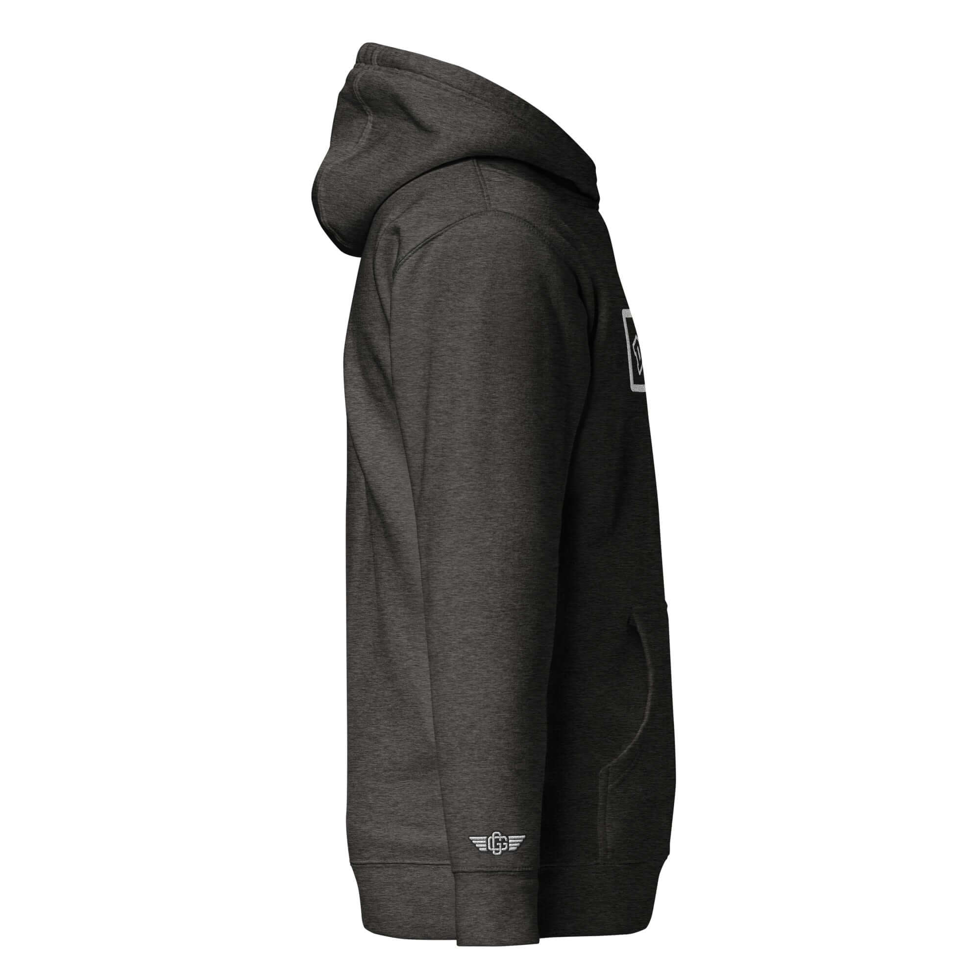 Side view of the Domin8 Daily Unisex Hoodie in dark grey, featuring a pocket and logo.