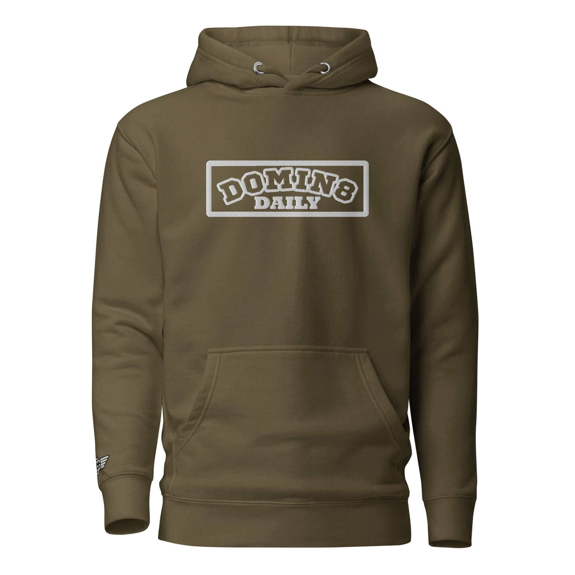 Olive green Domin8 Daily unisex pullover hoodie featuring front pouch pocket and embroidered logo.