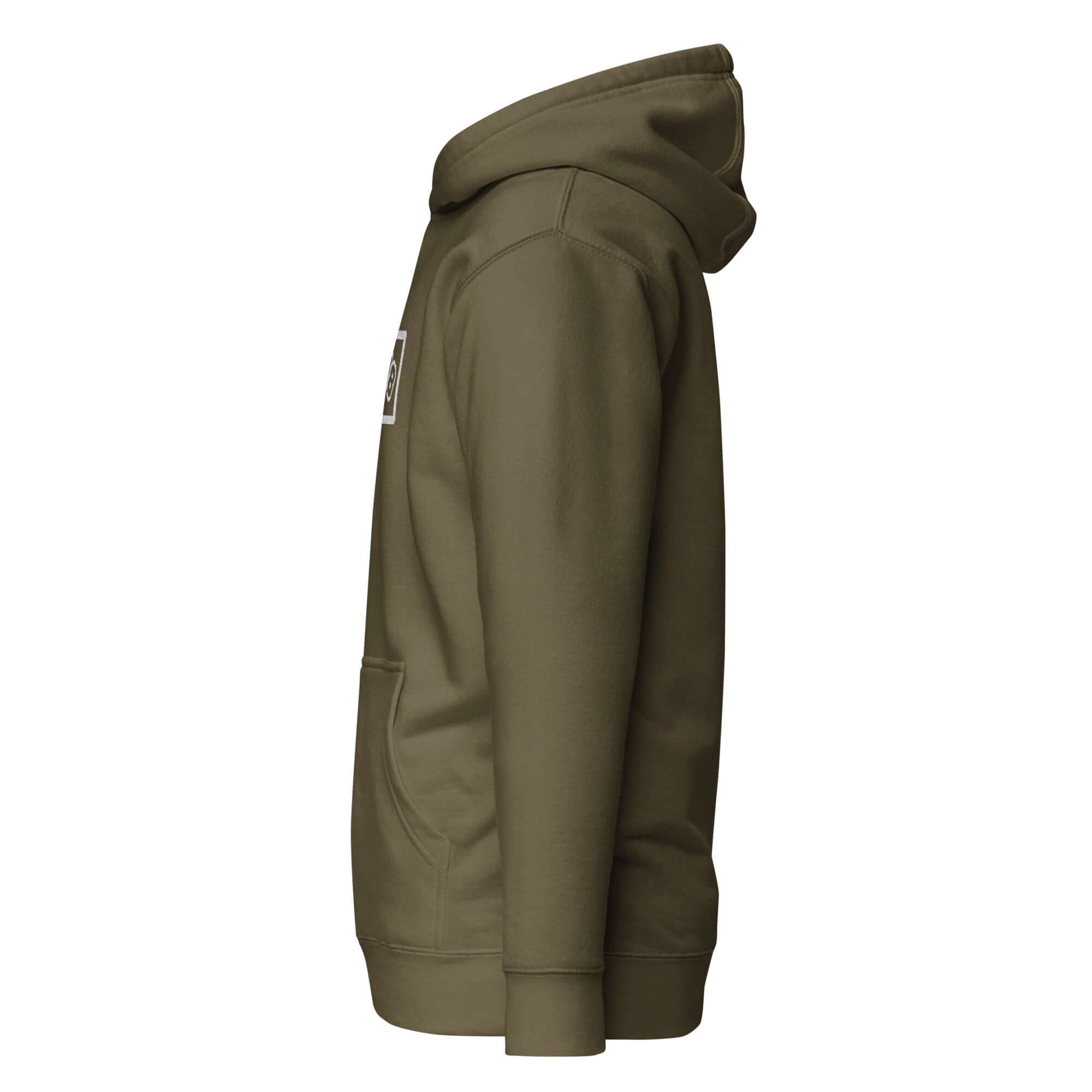 Side view of the Domin8 Daily Unisex Hoodie in olive green, showcasing its comfortable fit and stylish design.