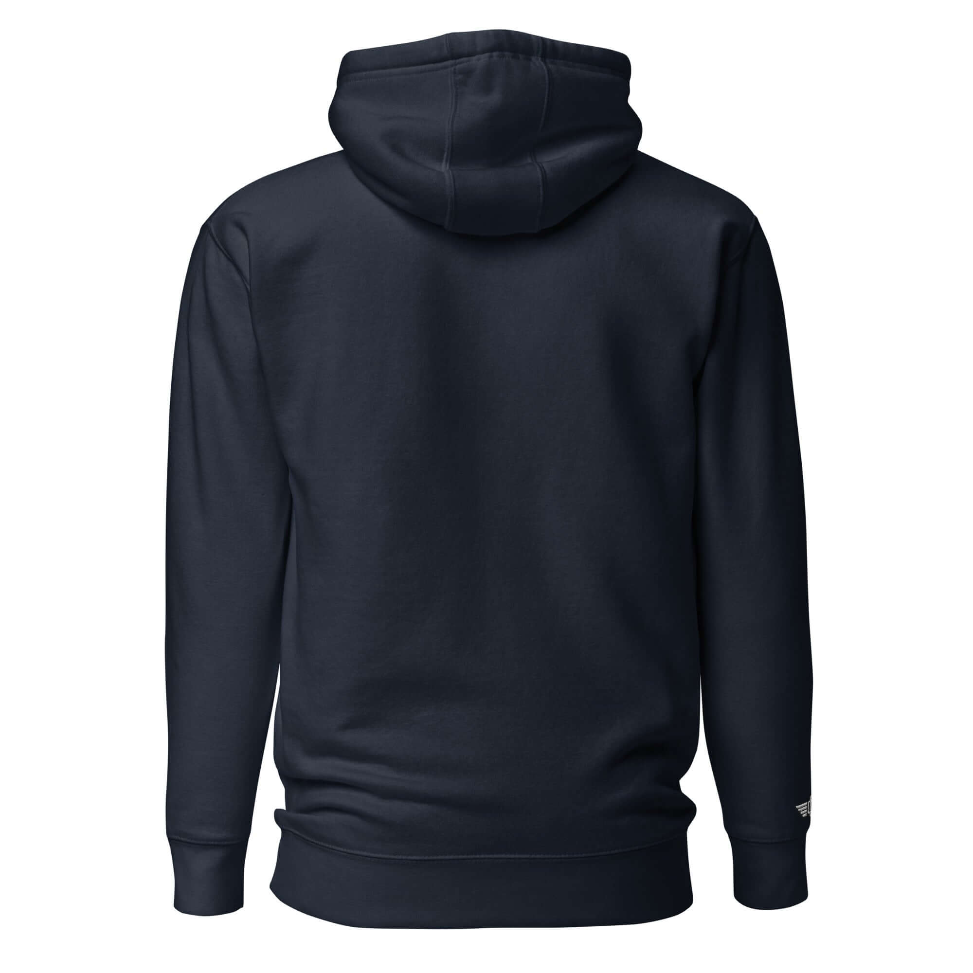 Back view of the Domin8 Daily unisex hoodie in dark color, showcasing the hood and minimalist design.