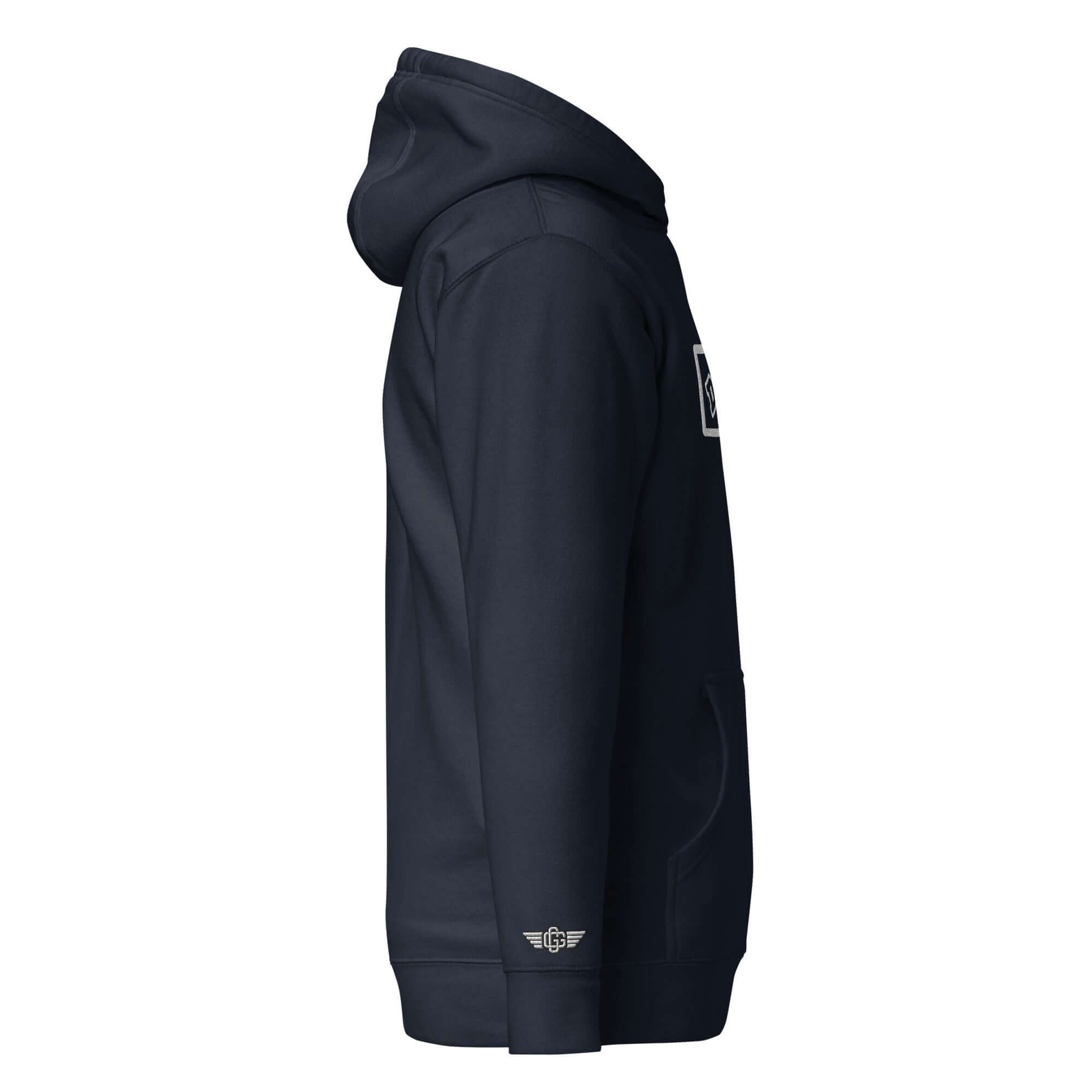 Side view of the Domin8 Daily Unisex Hoodie showcasing its stylish design and comfortable fit.